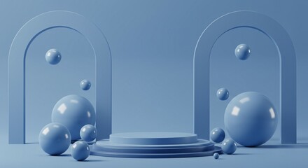 Modern Blue 3D Podium Scene with Abstract Archways and Spheres – Minimal Futuristic Display