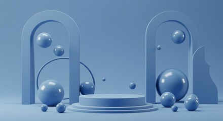 Modern Blue 3D Podium Scene with Abstract Archways and Spheres – Minimal Futuristic Display