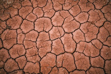 Dry and cracked red brown soil ground during drought, top view, steppe landschape near Belchite, El...