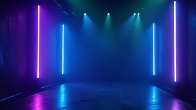 seamless loop of pulsing neon lights in vertical beam format with atmospheric stage environment

