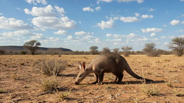 Aardvark Foraging in Arid Savanna Under Blue Sky with Scattered Clouds in African Wilderness