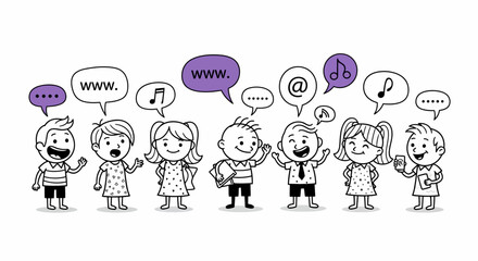 Group of Cartoon Children Engaging in Digital Communication
