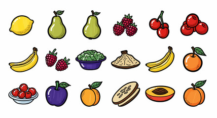 Collection of Colorful Cartoon Fruits and Berries in Various Styles