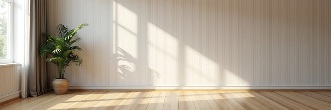 Bright room interior design with plant sunlight wood floor and curtains - Powered by Adobe
