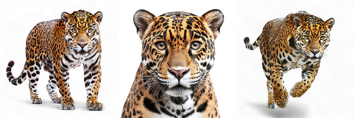 Set of wild jaguars isolated on transparent background PNG
