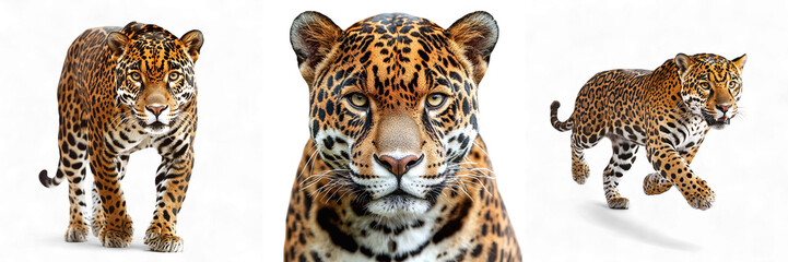 Set of wild jaguars isolated on transparent background PNG