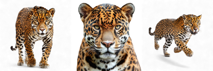 Set of wild jaguars isolated on transparent background PNG