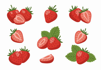 Set of vector illustrations featuring fresh, ripe strawberries in various forms including whole, halved, and sliced pieces, with green leaves.