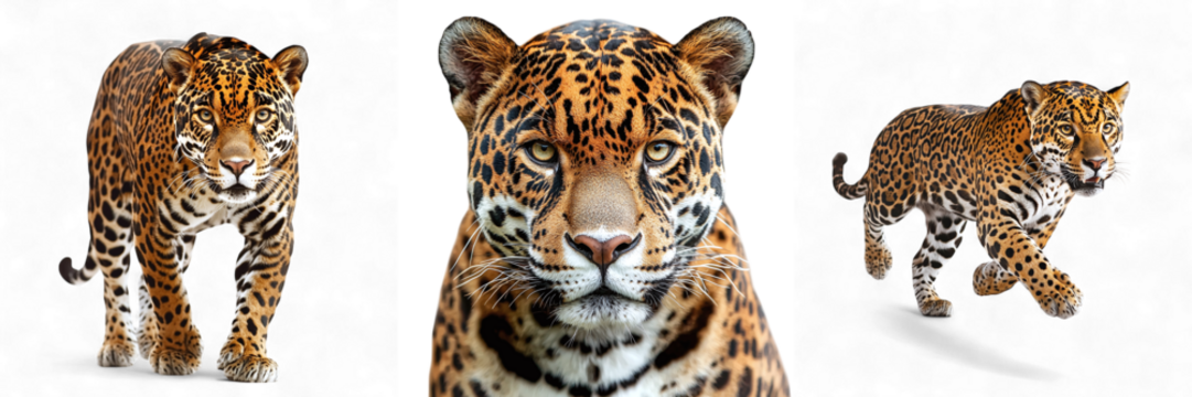 Set of wild jaguars isolated on transparent background PNG