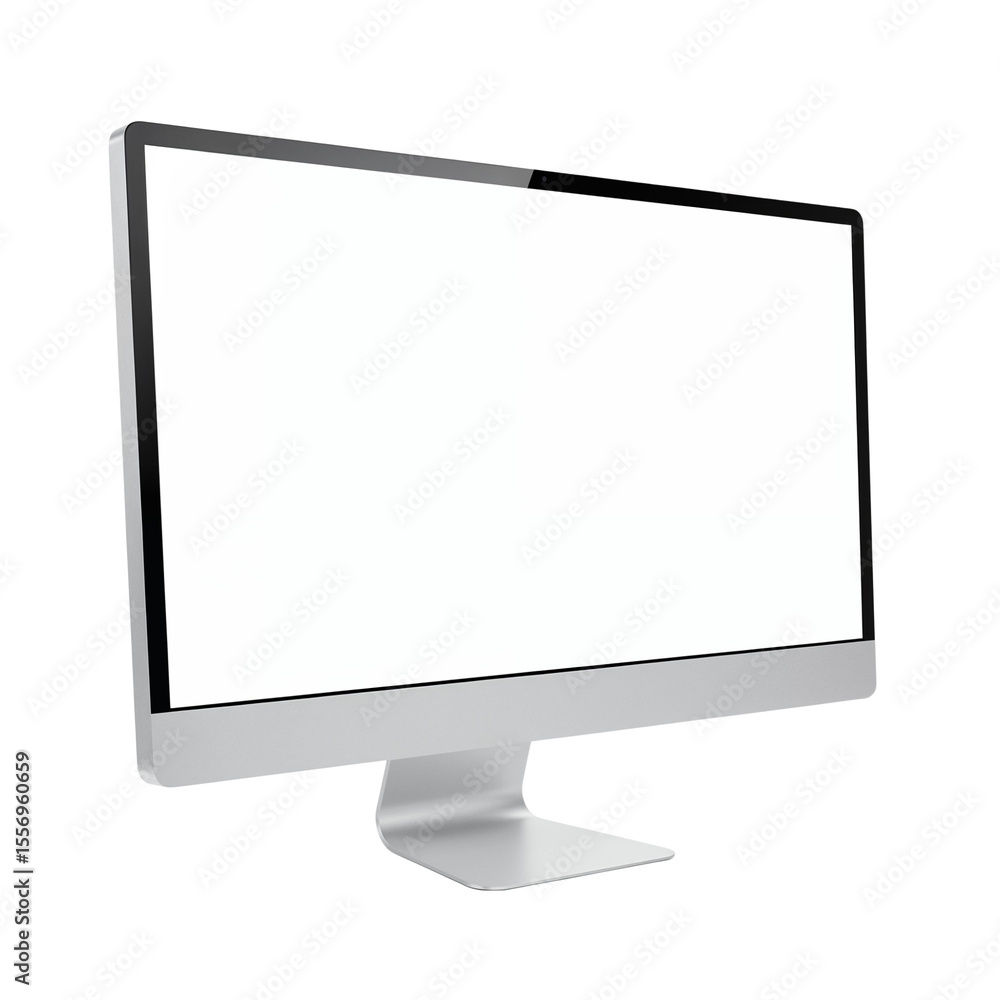 Poster modern silver desktop computer monitor with a blank white screen isolated on transparent background