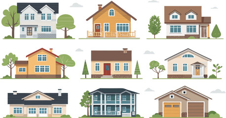 Colorful flat Icon Set of Residential Building Types and Structures on White Background.