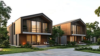 Modern homes with sunset, and green lawn.