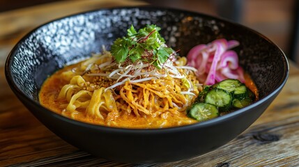 Delicious Bowl of Noodles with Fresh Herbs and Colorful Vegetables