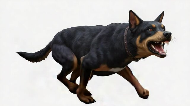 Australian Kelpie Running With Dark Fur and Brown Markings On A White Background