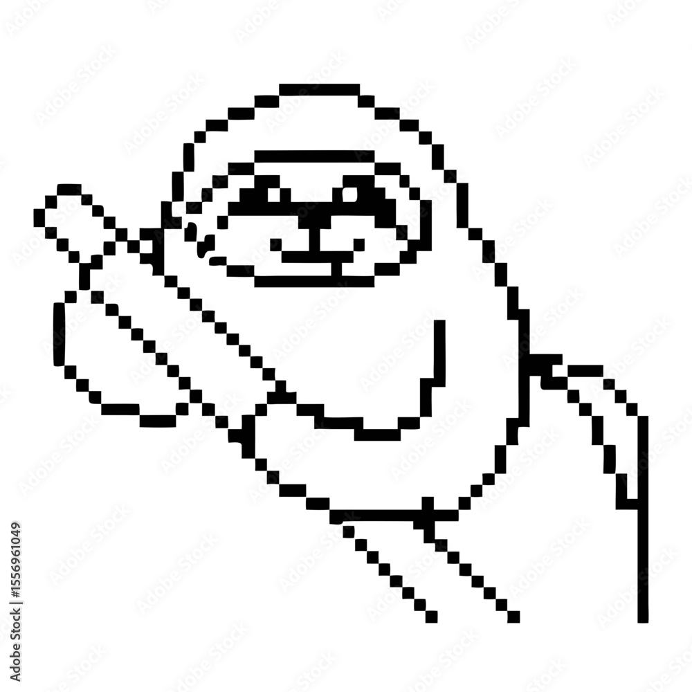 Poster pixelated sloth on a branch in a simple black illustration format