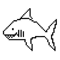 Pixelated depiction of a shark swimming in a black outline