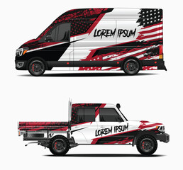 Van and Truck Mockup with American Flag Themed Graphics and Grunge Effects © MdAbdullah