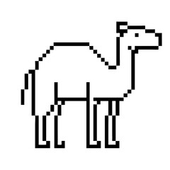 Camel depicted in pixel outline form standing upright on a white background