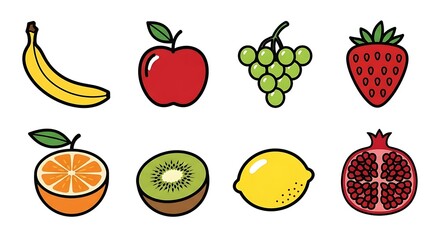 A vibrant collection of stylized cartoon fruits including a banana apple grapes strawberry orange kiwi lemon and pomegranate
