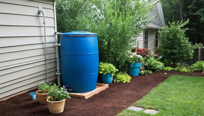 Blue barrel used for DIY rainwater system