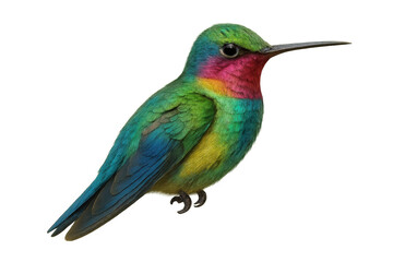 Fototapeta premium Hummingbird with iridescent colorful feathers resting on transparent background, showing vibrant plumage