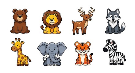 Collection of adorable cartoon animals including a bear lion deer wolf giraffe elephant tiger and zebra