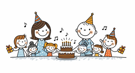 Cartoon Family Celebrating Birthday with Cake and Gifts, Wearing Party Hats