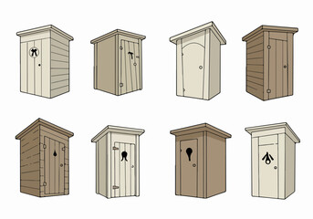 Collection of rustic cartoon outhouses with different door cutouts, including moon, star, and heart shapes, vintage outdoor toilet illustrations set on white background.
