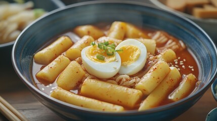 Delicious Korean Rice Cake Dish with Egg and Spicy Sauce
