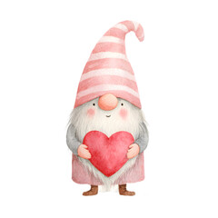 Adorable watercolor gnome holding a heart, perfect for Valentine's Day cards and charming spring decorations with a transparent background.