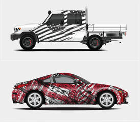 Two cars with custom graphic wraps one American flag and one red themed