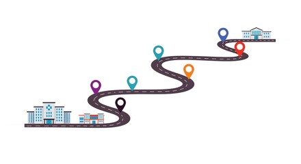 Life path concept with directional markers in a mountain setting,Adventure or career journey path with winding road and milestones through mountainous terrain."