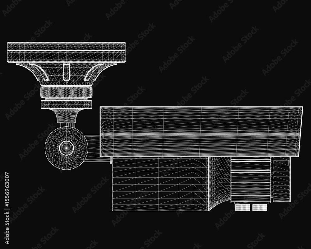 Poster a 3d model of a cctv camera blueprint on a black background, featuring intricate lines and precise c