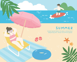 Hand drawn summer template background on the ocean with people sunbathing and surfing.