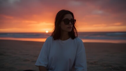 Fototapeta premium woman on the beach at sunset