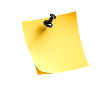One yellow sticky note with a black push pin, yellow sticky note with a black push pin isolated on a transparent background