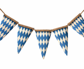 Festive pennant banner with a blue and white Bavarian diamond pattern, a celebratory garland for party decorations and joyful occasions, transparent background