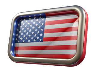 3D American flag badge with metallic silver and red frame, glossy surface, stars and stripes design isolated