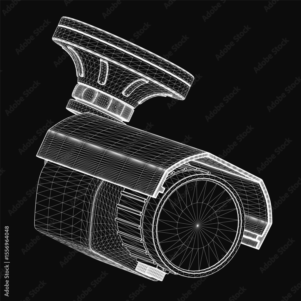 Aufkleber a 3d wireframe model of a cctv camera on a black background, showcasing realistic details and sleek 