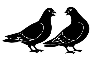 Obraz premium Two black silhouette pigeons facing each other on a white background