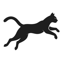 Graceful black cat silhouette captured mid leap against a clean white background