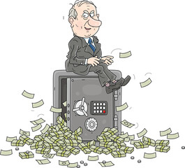 Lucky businessman sitting on an open safe with a pile of money and enjoying his profit from a deal, vector cartoon illustration on a white background