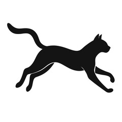 Black silhouette of a cat in a dynamic running pose isolated on white background