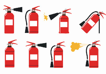 Collection of red fire extinguishers in various positions, some in action, illustrating fire safety and emergency preparedness on a white background.