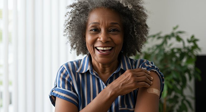 Happy Senior Woman Showing Vaccination Bandage After Receiving Covid Vaccine Shot