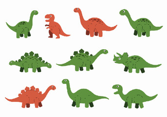 Collection of various cute cartoon dinosaur illustrations in simple hand-drawn style on white background