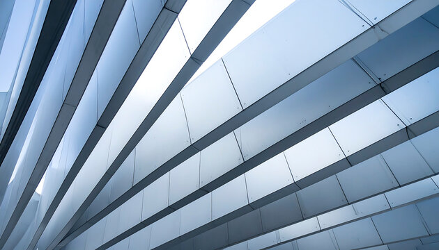 Sleek architecture showcases an abstract linear design with metallic panels and cool blue tones for a modern, minimalist aesthetic.