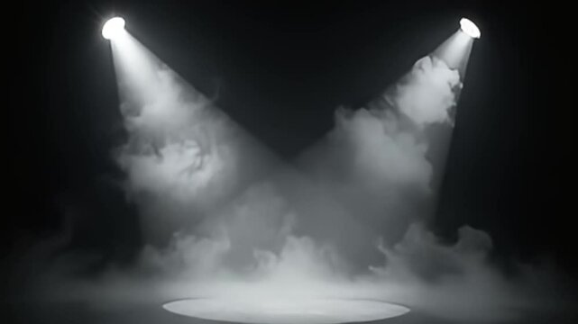 High definition spotlight stage background loop with fog and rotating beams

