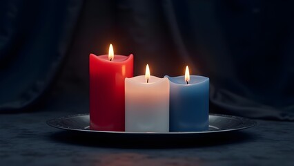 Patriotic red, white, and blue pillar candles burning on a plate. Concept for a memorial, vigil, or national holiday like the Fourth of July or Memorial Day.
