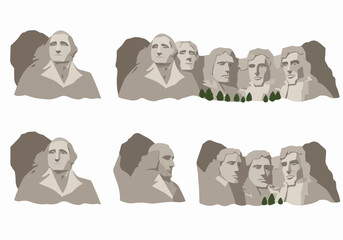 Simplified graphic illustration featuring iconic views of the Mount Rushmore National Memorial in South Dakota, showcasing the faces of the four US presidents.